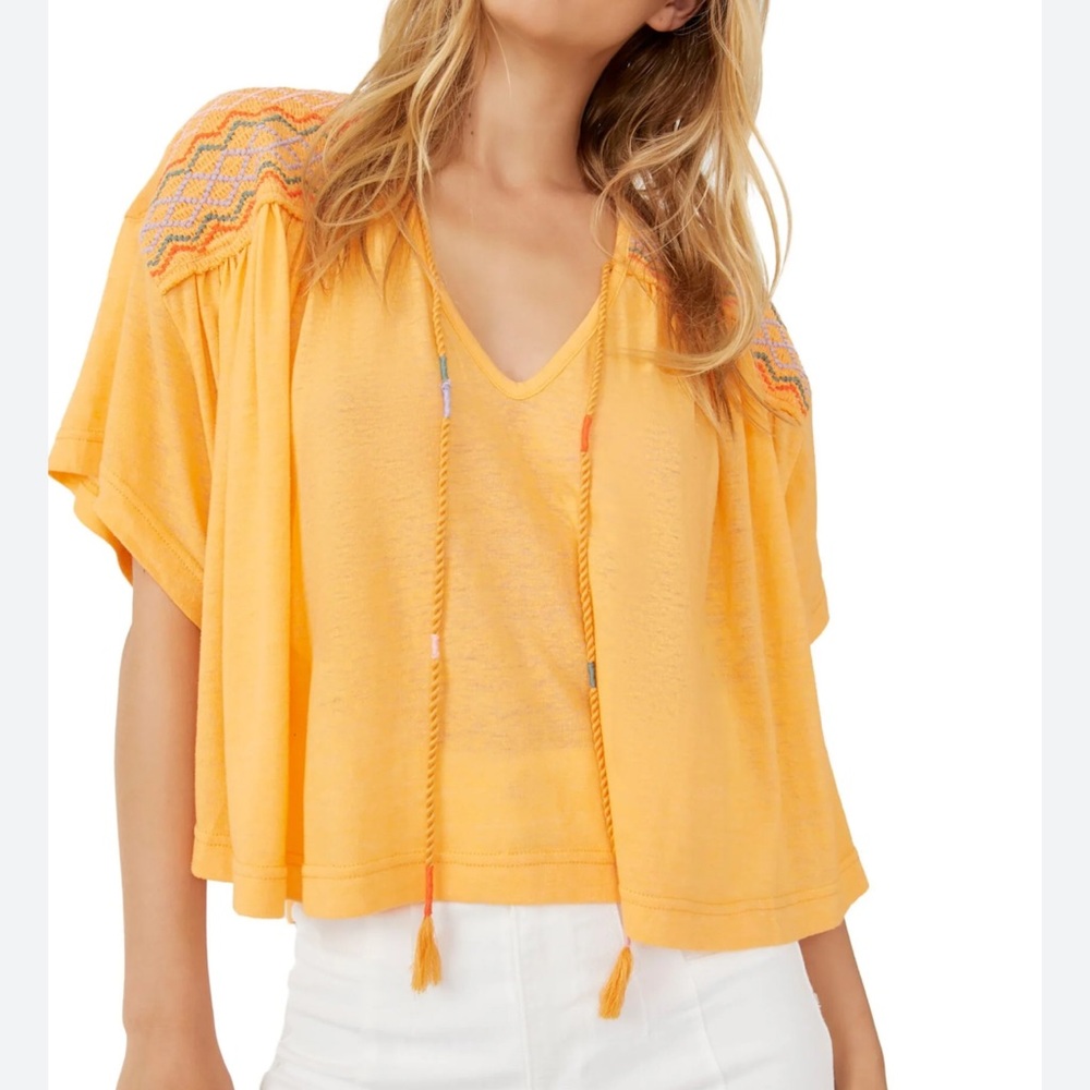 Free People Orange Blouse with Embroidery